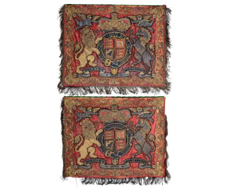 A PAIR OF VICTORIAN HOUSEHOLD CAVALRY TRUMPET BANNERStwo separate faces, each now mounted on a wooden frame, in crimson silk,