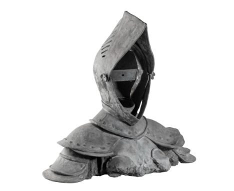 A LEAD ARMOURED BUST SIGNED DELAGRANGE, 19TH CENTURYwell detailed, with open-faced close helmet, with pointed skull, raised v