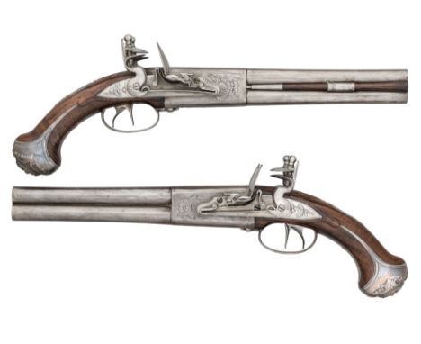 A FINE AND RARE PAIR OF 18 BORE SILVER-MOUNTED FLINTLOCK OVER-AND-UNDER DOUBLE TRIGGER HOLSTER PISTOLS MADE FOR ALEXANDER MON