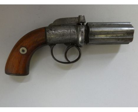 A 100 BORE SIX-SHOT PERCUSSION PEPPERBOX REVOLVER, BIRMINGHAM PROOF MARKS, MID-19TH CENTURY with fluted barrel group, scroll-
