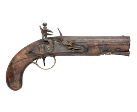 A 10 BORE FLINTLOCK TRAVELLING PISTOL BY HEARDER, PLYMOUTH, BIRMINGHAM PROOF, CIRCA 1850 AND A 40 BORE FLINTLOCK TRAVELLING S