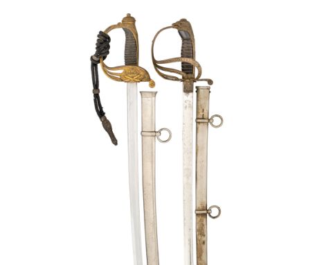 A SPANISH MODEL 1862 ARTILLERY SWORD AND A ROMANIAN OFFICER~S SWORD, CIRCA 1866-1914of regulation type, the first with curved