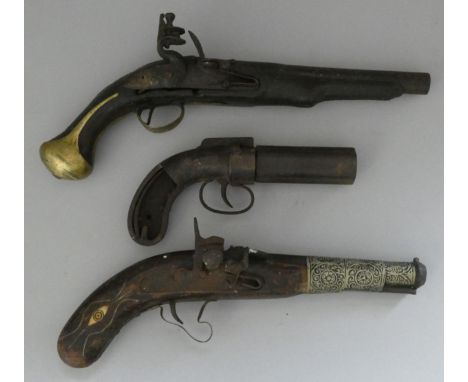 AN 18 BORE COMPOSITE FLINTLOCK PISTOL, EARLY 19TH CENTURY; PARTS OF A 140 BORE PERCUSSION BAR-HAMMER PEPPERBOX REVOLVER, MID-