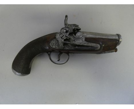 A 16 BORE SPANISH PERCUSSION BELT PISTOL, EIBAR, CIRCA 1830-40with tapering barrel moulded at the muzzle, decorated with a br