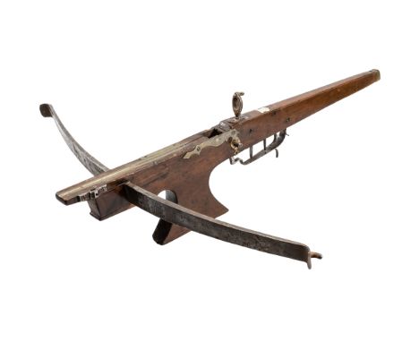 ˜A FLEMISH TARGET CROSSBOW, LATE 18TH/19TH CENTURY; with robust iron bow (irons removed, now secured by wood), figured tiller