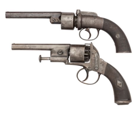 AN 80 BORE TRANSITIONAL SIX-SHOT SELF-COCKING BAR HAMMER PERCUSSION REVOLVER, BIRMINGHAM PROOF MARKS, MID-19TH CENTURY AND AN
