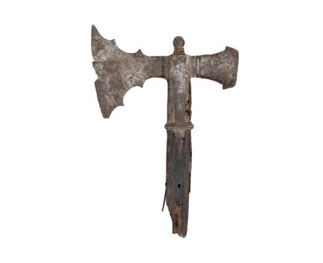 AN IRON AXE-HEAD DATED 157in excavated condition, with slightly curved axe-head formed with a series of cusps behind, decorat