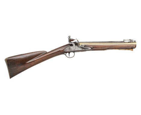 A FINE FLINTLOCK BLUNDERBUSS BY REA, LONDON, LATE 18TH CENTURY; with brass barrel flaring towards the muzzle, signed on a fla