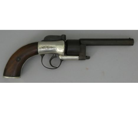 AN 80 BORE TRANSITIONAL SIX-SHOT SELF-COCKING BAR HAMMER PERCUSSION REVOLVER BY COGSWELL, 224 STRAND, LONDON, MID-19TH CENTUR