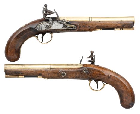 A PAIR OF 20 BORE FLINTLOCK OFFICER~S PISTOLS BY KETLAND & CO, BIRMINGHAM PROOF MARKS, CIRCA 1820with brass barrels formed in