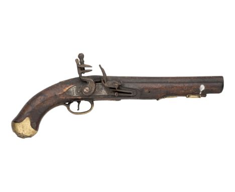 A 15 BORE FLINTLOCK FIRST TYPE DUBLIN CASTLE LIGHT DRAGOON PISTOL, CIRCA 1760-70; with tapering barrel with traces of marks a