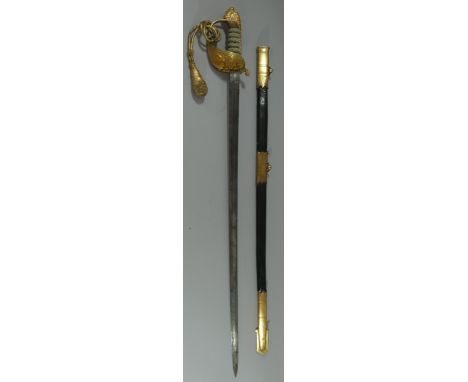 A ROYAL NAVAL OFFICER~S SWORD RETAILED BY J. FRIEDEBERG, PORTSEA, 20TH CENTURYof regulation type, with etched blade included 