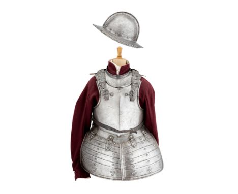 A COMPOSITE ENGLISH PIKEMAN~S ARMOUR, LONDON, MID-17TH CENTURYcomprising pot with rounded crown formed in two halves joined b