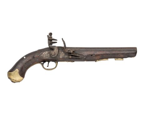 A 15 BORE FLINTLOCK FIRST TYPE DUBLIN CASTLE LIGHT DRAGOON PISTOL, CIRCA 1760-70; with tapering barrel with traces of marks a