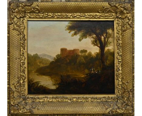 ATTRIBUTED TO JOHN THOMSON OF DUDDINGSTON (SCOTTISH 1778 - 1840) LANDSCAPE WITH CASTLE  oil on panel (very warped), titled la