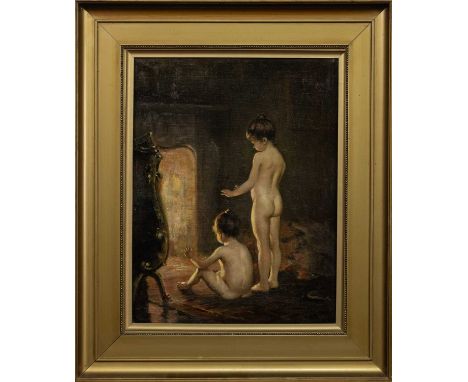 BRITISH SCHOOL (19TH/20TH CENTURY), TWO CHILDREN BY A FIRE oil on canvas, initialled 'S R' and dated 1907framedimage size 45c