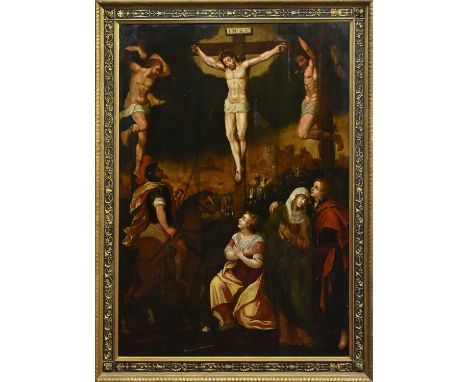 IN THE STYLE OF 17TH CENTURY FLEMISH SCHOOL, THE CRUCIFIXION oil on cradled panelframedimage size 101cm x 71cm, overall size 