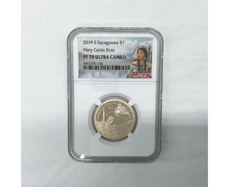 Slabbed PF70 Ultra Cameo. San Francisco Mint. The obverse side features portrait of Sacagawea carrying her infant son. The ob