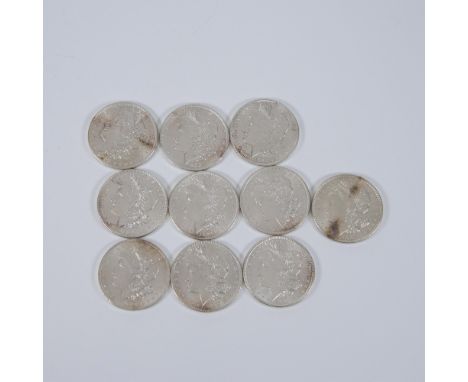 A collection of 10 Morgan Silver Dollar coins. Includes the years: 1883-O, 1884-O, 1885, 1886, 1887, 1889, 1890, 1896, 1902-O