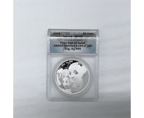 Slabbed MS70. China Panda. First Day of Issue. Certified number 104 of 389. The obverse side depicts the Hall of Prayer for A