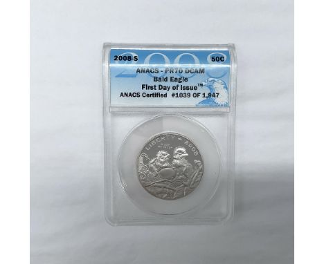 Slabbed PR70 DCAM. First Day of Issue. Certified number 1039 of 1947. The obverse side features two eaglets in a nest. The re