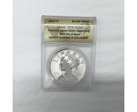 ANACS Graded. slabbed RP70 DCAM. First Day of Issue. Certified number 131 of 419. The obverse side depicts Liberty represente