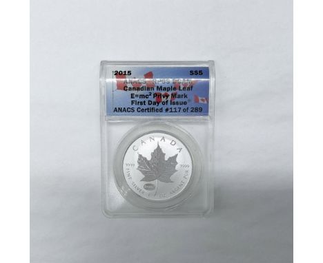 Slabbed RP69 DCAM. Canadian Maple Leaf. E=mc2 Privy Mark. First Day of Issue. Certified number 117 of 289. The obverse side d