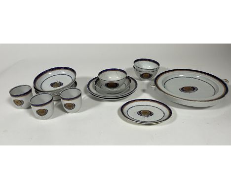 An early 19th century Chinese export ware part tea service with blue, orange, gilt decoration and initials 'AMA' comprising, 