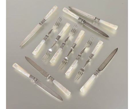 An Edwardian set of six pairs of Epns mother of pearl handled fruit knives and forks: knife l. x 18cm - note one fork handle 