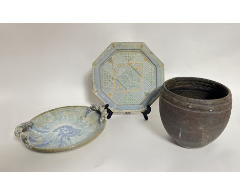 A modern blue and green glazed ceramic dish with twin scroll handles (unmarked) (d. 26cm) together with a Perkins studio pott