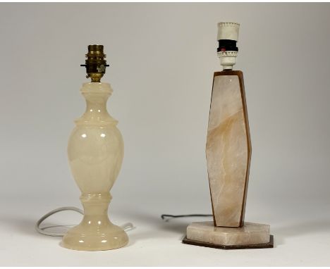 An Oaks Lighting alabaster urn shaped table lamp (h-31cm) together with an Art Deco style pink rock crystal panel wooden inal