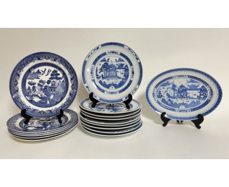 A collection of blue and white transferware comprising, five Queen's by Churchill earthenware Chinoiserie style dinner plates