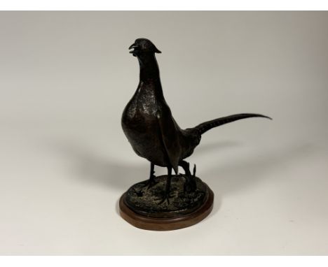 Robert H Lang (Scottish), a modern cast bronze sculpture of a pheasant, signed to base, on a fitted wooden base. (h-36cm l-42