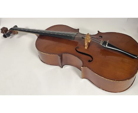 A stained satinwood students cello with ebony fingerboard inscribed Dresden on bridge, signs of use and wear to edges, no tra