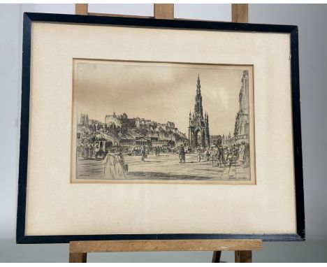 Robert C Robertson, A 1920's Edinburgh Princes Street scene, etching, in a glazed frame. (21cmx31cm)
