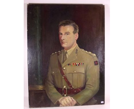 An army oil on canvas self portrait Captain John David Johnson RA and a quantity of ephemera together with three medals 1939-