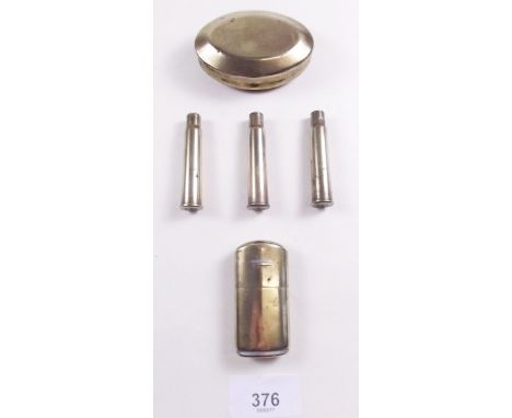 A brass pocket snuff box, a 'Victory 1945' lighter, and three bullets 