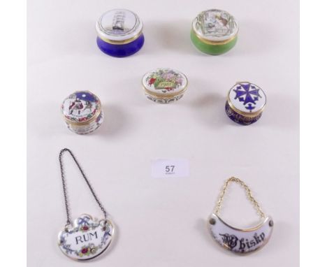 Five various enamel boxes and two decanter labels 