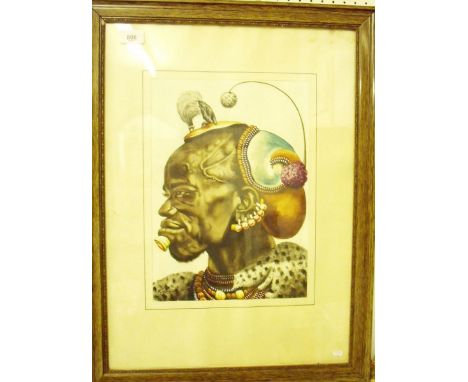 Kiribuizi - watercolour African portrait of a warrior tribesman in ornate headress, 35 x 25cm