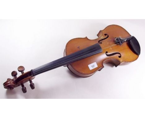 An early 20th century handmade violin - a copy after Borelli - damage to back and a bow a/f 