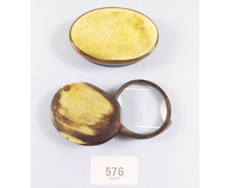 A 19th century horn snuff box and a horn magnifying glass 