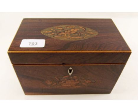 A Georgian rosewood tea caddy with marquetry bird and floral panels to front and lid