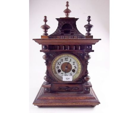 A German carved wood architectural style mantel clock 