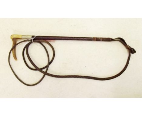 A leather hunting whip with horn handle and silver plated collar engraved to Lieutenant Colonel F.B Edmead 