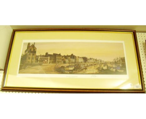Desmond Clague - coloured print  Early Morning, North Quay, Douglas (Isle of Man) 1985, 60 x 20cm