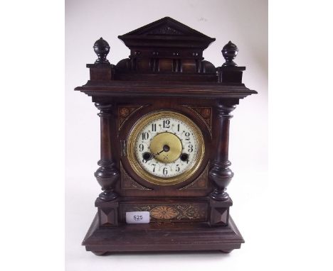 A Victorian carved mantel clock with transfer decoration - hinge to glass face a/f