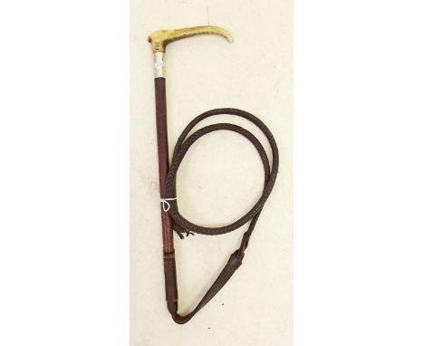 A leather hunting whip with horn handle 