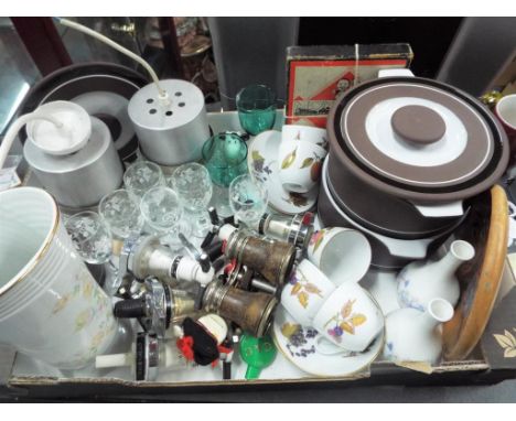 A good mixed lot to include Royal Worcester ceramic tableware, Denby, vintage binoculars and other