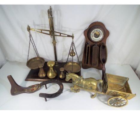 A large set of brass balance scales and weights, brass model of a horse and cart a barometer and similar
