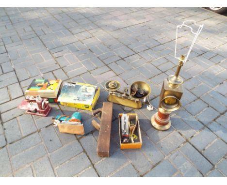 Lot to include a quantity of tools comprising a Bosch jigsaw, Black &amp; Decker sander and similar, a set of scales and weig